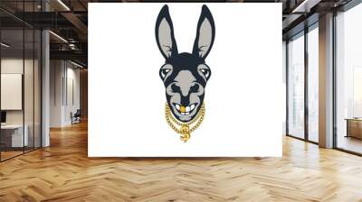 donkey with gold chain and gold tooth. Colored print for t-shirt and another, trendy apparel desig. Vector illustrations   Wall mural