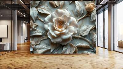 Elegant floral bas relief on textured wall created with generative AI technology Wall mural