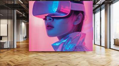 Fashion model person wearing futuristic shiny glamorous VR goggles watching cyberpunk video, Generative AI Wall mural