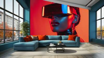 Fashion model person wearing futuristic shiny glamorous VR goggles watching cyberpunk video, Generative AI Wall mural