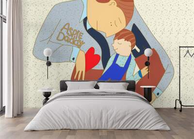 father holds a child on his hands. against the background of puzzles, symbols of autism. vector illustration. Wall mural