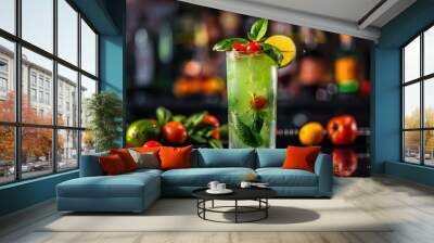 Fresh natural cocktail with alcohol fresh juice in the restaurant Refreshing green basil cocktail with lime red exotic citrus drinks Wall mural