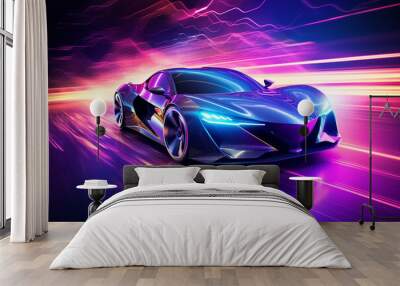 Futuristic Sports Car On Neon Highway speed race Generative AI picture Wall mural