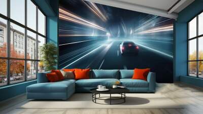 Futuristic Sports Car On Neon Highway. Powerful acceleration of a supercar on a night track with colorful lights and trails. High speed business and technology concept Wall mural