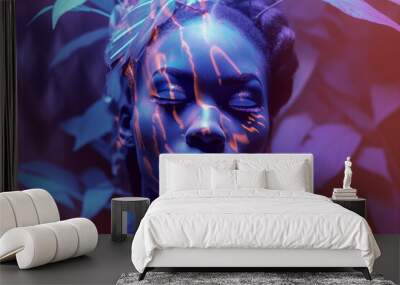 Futuristic surreal photography portrait of beautiful young woman tribe princess red blue color light generative ai concept Wall mural