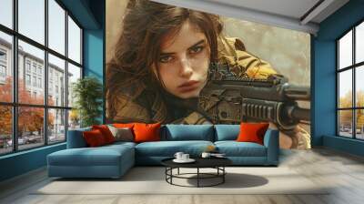 Generated with AI photo of brave beautiful woman soldier fighting war Wall mural