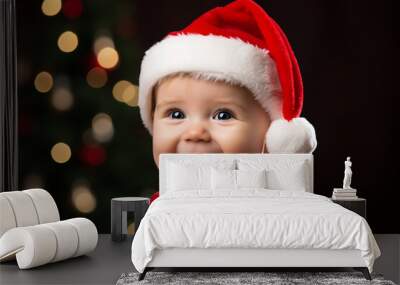 Generative AI closeup picture adorable little baby toddler age wearing christmas costume santa claus cap Wall mural