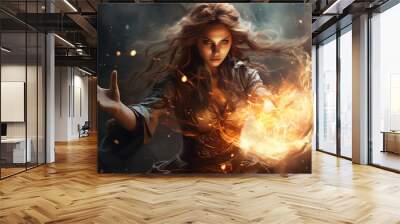 Generative ai collage photo of strong warrior woman fight with fire spell Wall mural