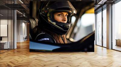 Generative AI digital portrait of a professional sports car racer in a helmet driving auto on the track Wall mural