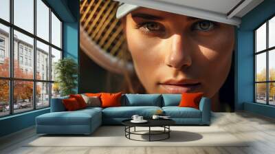 Generative AI illustration of focused tennis player on court ready for important championship league match Wall mural