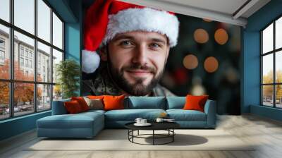 Generative AI image of military man or woman in Santa hat during holiday celebration family, perfect for festive homecoming themes Wall mural