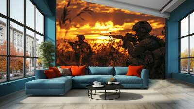 Generative AI image of military operation mission on silhouette sunset in field Wall mural