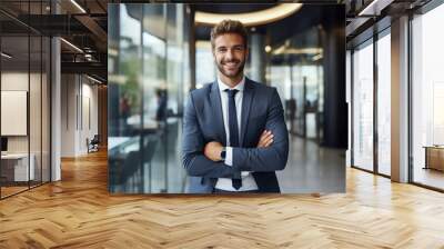 Generative ai photo collage of smart successful business person standing in office with crossed arms Wall mural