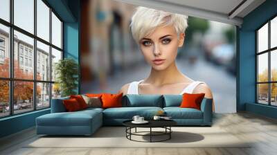 Generative AI photo of attractive lovely girl with stylish haircut on blurred city street backdrop Wall mural