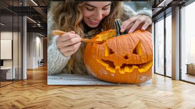 Generative AI photo of funny halloween pumpkins outdoors horror autumn night decor Wall mural