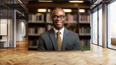 Generative AI photo of handsome happy man professional instructor scientist against a library bookshelf background Wall mural