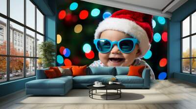 Generative AI photography of adorable beautiful joyful baby in santa claus hat on blurred background evergreen fir tree illumination Wall mural