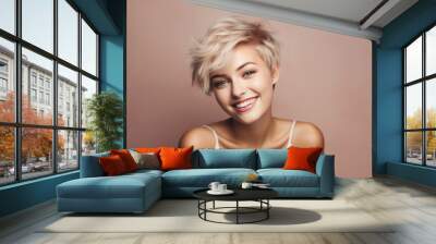 Generative AI picture of beautiful blonde woman fashion model after salon hairdresser procedure Wall mural