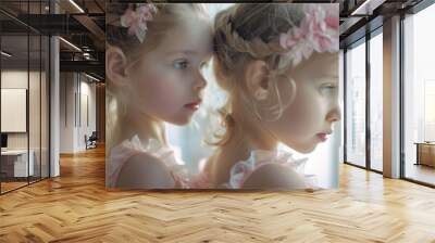 Generative AI picture of beautiful children preparing ballet dance school performance in stage ballroom gown Wall mural