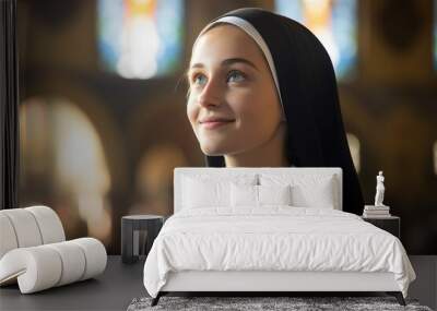 Generative AI picture of monastery sister nun praying have faith believe in God happiness Wall mural