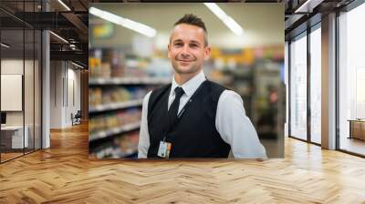 Generative ai picture of nice handsome man standing in supermarket Wall mural