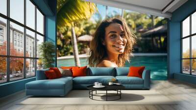 Generative AI portrait of beautiful landscape summer paradise exotic island traveler joy Wall mural