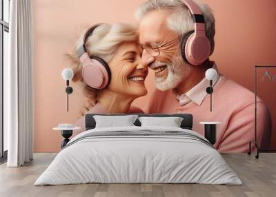 Generative AI portrait of elderly charming woman man couple overjoyed listening music using wireless headphones Wall mural