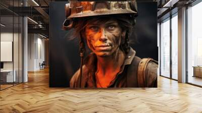 Generative AI portrait of girl miner at the mine in a helmet on dark background Wall mural