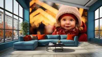 Generative AI portrait of small funny child believe in santa claus waiting christmas gifts presents Wall mural