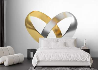 Gold and silver rings are connected in the shape of a heart. 3d illustration  Wall mural