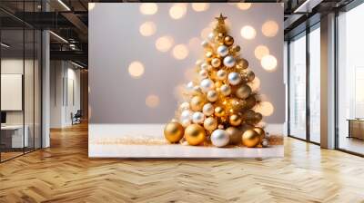 Gold christmas tree, golden winter decorations on white background with empty copy space for text. New year and christmas postcard Wall mural