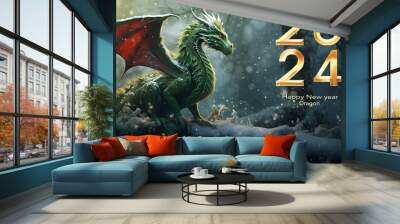 Green dragon symbol of 2024 in a snowy fairy forest with golden numbers 2024 and copy space. gothic style. 2024 Happy New Year greeting card concept. Wall mural