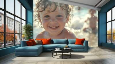 Happy children kid enjoy and fun outdoor lifestyle on beach generative AI Wall mural