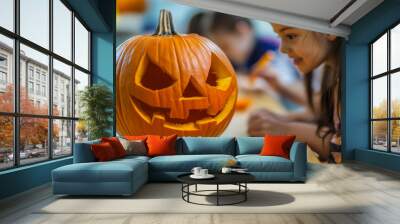 Happy excited family carving Helloween pumpkins making creepy face holiday preparation, Generative AI Wall mural