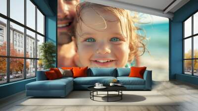 Happy full young family members with kids resting by the beach summer vacation time, Generative AI Wall mural