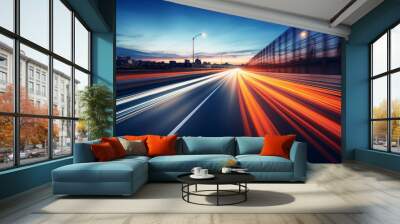 Image generative ai powerful acceleration of futuristic sports supercar on neon night highway track with colorful lights and trails Wall mural