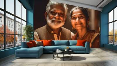 Indian senior woman and man with gray hair and beard, holding burning candles Diwali and looking at camera. traditional festival Diwali, night of lights in India. AI generated Wall mural