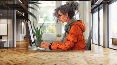 A young woman in glasses working at a computer, editing text in a document. Wall mural