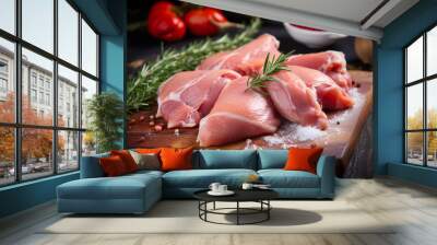 Fresh raw chicken meat on a wooden board with vegetables, spices and rosemary close-up Wall mural