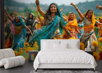 Group of cheerful young Indian women in a field Wall mural