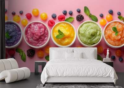 Top view of a set of jars of vegetable and fruit puree, baby food Wall mural