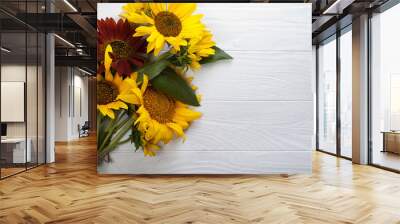 Sunflowers on a white wooden background Wall mural