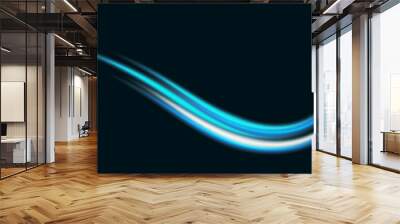 Abstract light lines of speed movement, blue colors.Neon glowing curves.Abstract motion.Neon lines of blue speed. Dynamic traces. Wall mural