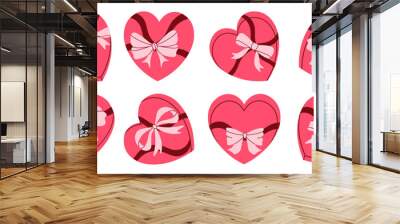 Collection of heart-shape gift boxes with bows, top view. Modern flat vector illustration Wall mural