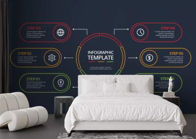 Line concept for infographic with 6 steps, options, parts or processes. Template for web on a black background. Wall mural