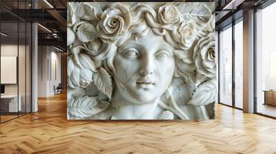 Marble bust of a woman with flowers around her neoclassicism sculpture generative ai Wall mural