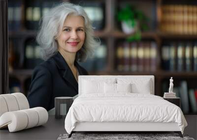 Mature female lawyer, confident, gray-haired, in a business suit, standing against the background of an office with books and copy space. Senior female lawyer looking at camera Wall mural