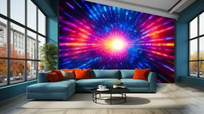 Multiple vibrant light beams shoot out in all directions against a dark background, creating a spectacular explosion of color and brightness. Wall mural