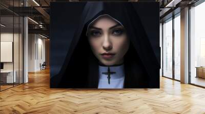 Mysterious religious person nun priest in church robe serious face expression Generative AI illustration Wall mural