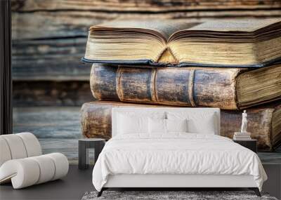 Old, worn bible resting on a blue pew in church Wall mural